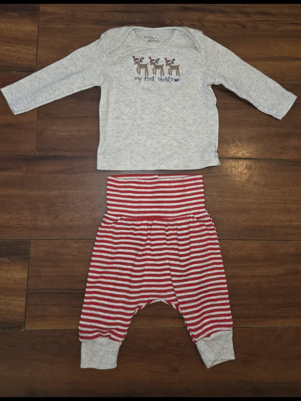 EUC Little Planet Carter's Gray Top Red White Striped "My First Christmas"